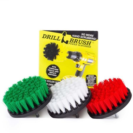 DRILLBRUSH Cleaning Supplies - Soft, Medium, and Stiff Power Scrubbers 4in-Lim-Short-WH-GRN-RD